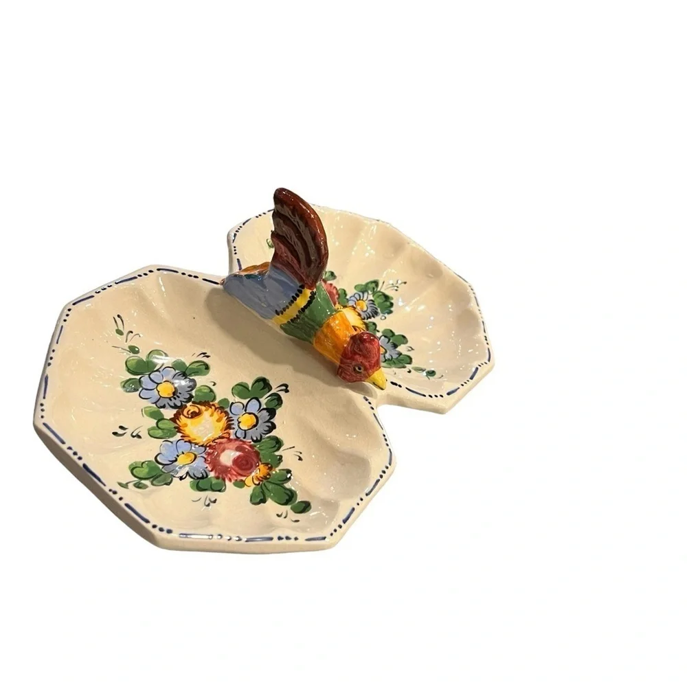 Vintage Italian Hand Painted Divided Candy Nut Dish Rooster Floral Farmhouse